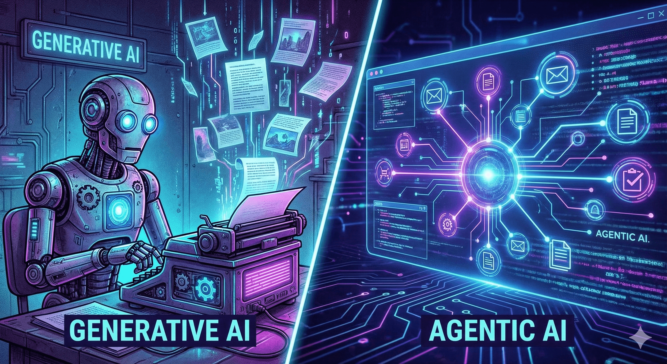 Agentic vs Generative AI Split Screen Concept